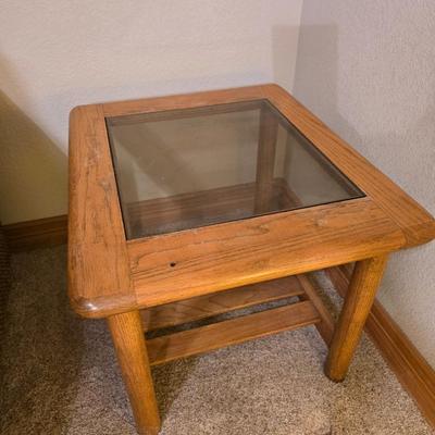 Oak & Glass Side Table with Black Iron Lamp