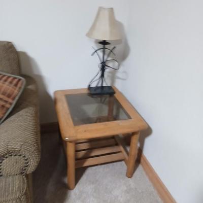 Oak & Glass Side Table with Black Iron Lamp