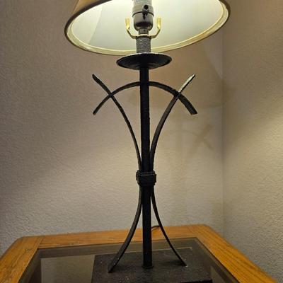 Oak & Glass Side Table with Black Iron Lamp