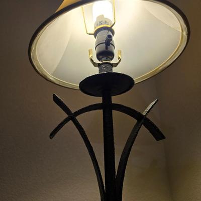 Oak & Glass Side Table with Black Iron Lamp