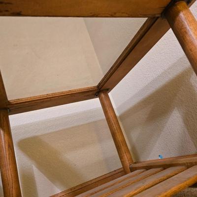 Oak & Glass Side Table with Black Iron Lamp