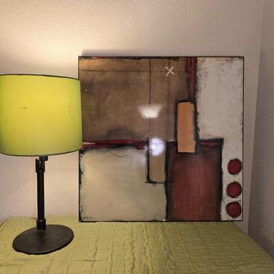 Black Metal Lamp with Green Shade + Abstract Wall Art