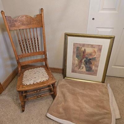 Decorative Oak Chair, Framed Art & small throw blanket