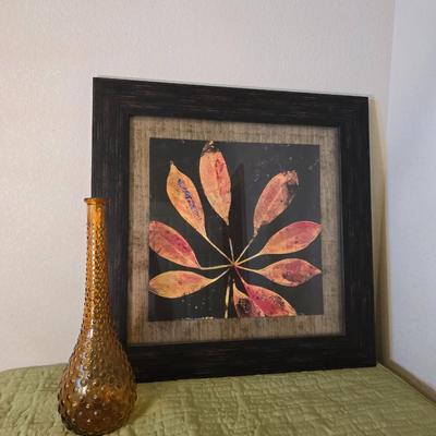 Autumn Leaf Wall Art & Amber Hobnail Vase Decor Pair