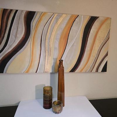 Modern Abstract Canvas Wall Art – Earth Tone Swirl Design (25” x 50”) with Decorative Accent Vases
