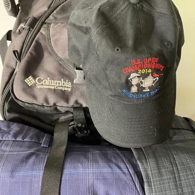 Columbia backpack, hat, shorts 38, tees XL