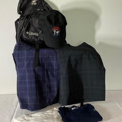 Columbia backpack, hat, shorts 38, tees XL