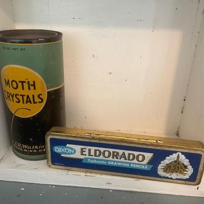 Vintage tins & wood shelf