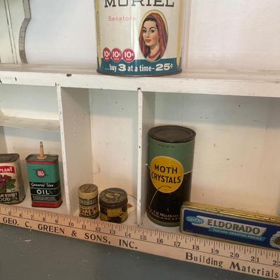 Vintage tins & wood shelf
