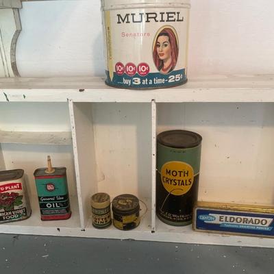 Vintage tins & wood shelf