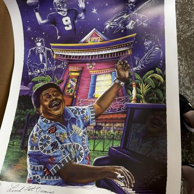 Certified Fats Domino/Drew Brees signed poster