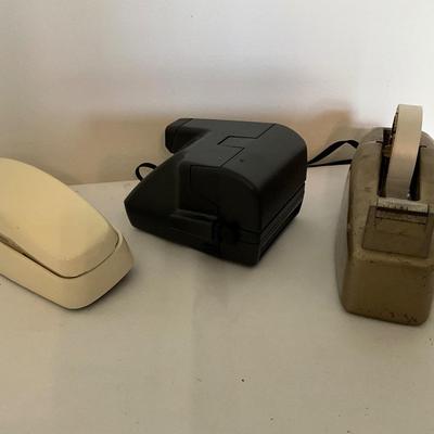Vintage grouping, Telephone, tape dispenser, Polaroid camera
