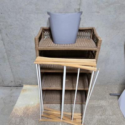 Wicker Storage Shelf, Plastic Waste Bin & Drying Rack