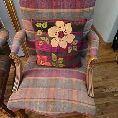 Pair of Upholstered Accent Chairs with Carved Wood Arms & Floral Pillows