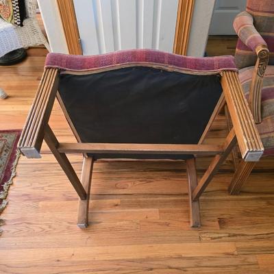 Pair of Upholstered Accent Chairs with Carved Wood Arms & Floral Pillows