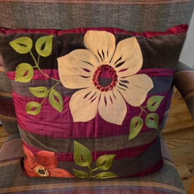 Pair of Upholstered Accent Chairs with Carved Wood Arms & Floral Pillows