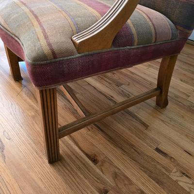 Pair of Upholstered Accent Chairs with Carved Wood Arms & Floral Pillows