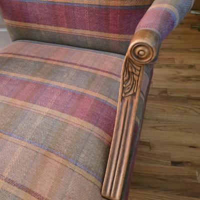 Pair of Upholstered Accent Chairs with Carved Wood Arms & Floral Pillows