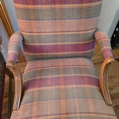 Pair of Upholstered Accent Chairs with Carved Wood Arms & Floral Pillows