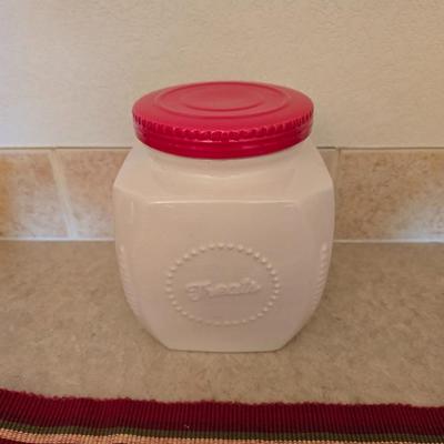 Vintage Decor Lot – Metal Iron, Galvanized Bin, red framed wall clock & ceramic treat Canister