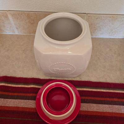 Vintage Decor Lot – Metal Iron, Galvanized Bin, red framed wall clock & ceramic treat Canister