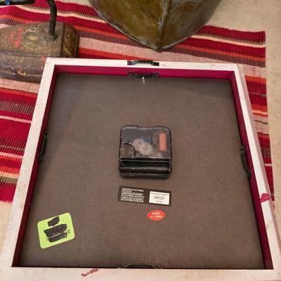 Vintage Decor Lot – Metal Iron, Galvanized Bin, red framed wall clock & ceramic treat Canister