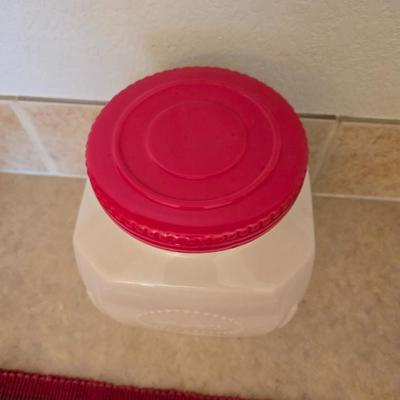 Vintage Decor Lot – Metal Iron, Galvanized Bin, red framed wall clock & ceramic treat Canister