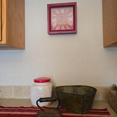 Vintage Decor Lot – Metal Iron, Galvanized Bin, red framed wall clock & ceramic treat Canister