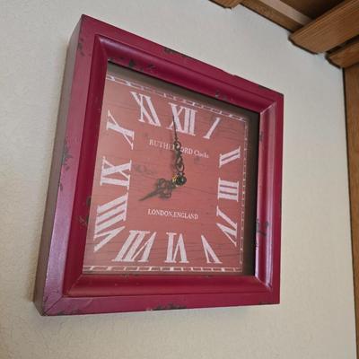 Vintage Decor Lot – Metal Iron, Galvanized Bin, red framed wall clock & ceramic treat Canister