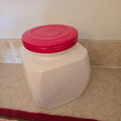 Vintage Decor Lot – Metal Iron, Galvanized Bin, red framed wall clock & ceramic treat Canister