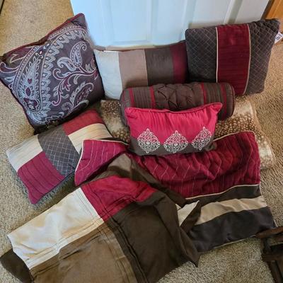 Burgundy and Taupe Decorative Pillows with Matching Bedding - Comforter