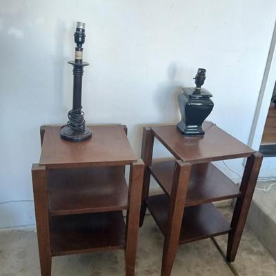 Pair of Wood Side Tables & Two Table Lamps