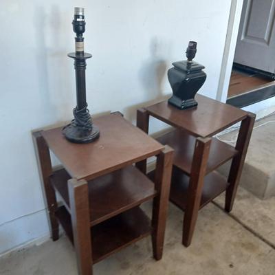 Pair of Wood Side Tables & Two Table Lamps
