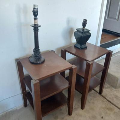 Pair of Wood Side Tables & Two Table Lamps