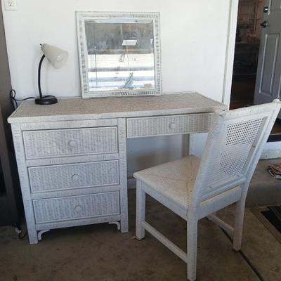 Henry Link White Wicker Vanity / Desk Set with Mirror and Chair