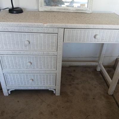 Henry Link White Wicker Vanity / Desk Set with Mirror and Chair