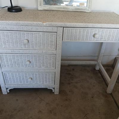 Henry Link White Wicker Vanity / Desk Set with Mirror and Chair