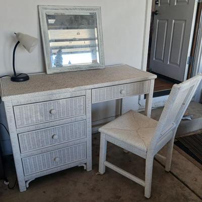 Henry Link White Wicker Vanity / Desk Set with Mirror and Chair