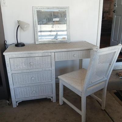 Henry Link White Wicker Vanity / Desk Set with Mirror and Chair