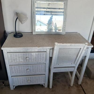 Henry Link White Wicker Vanity / Desk Set with Mirror and Chair