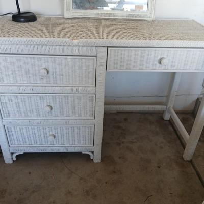 Henry Link White Wicker Vanity / Desk Set with Mirror and Chair