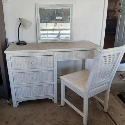 Henry Link White Wicker Vanity / Desk Set with Mirror and Chair