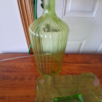 Green Glass Table Lamp & Vintage Glass Plate