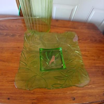 Green Glass Table Lamp & Vintage Glass Plate