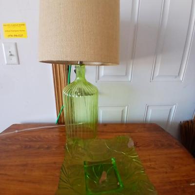 Green Glass Table Lamp & Vintage Glass Plate