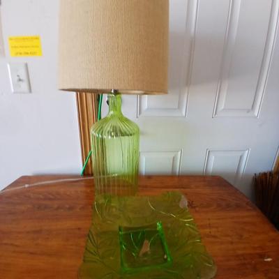 Green Glass Table Lamp & Vintage Glass Plate