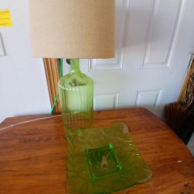 Green Glass Table Lamp & Vintage Glass Plate