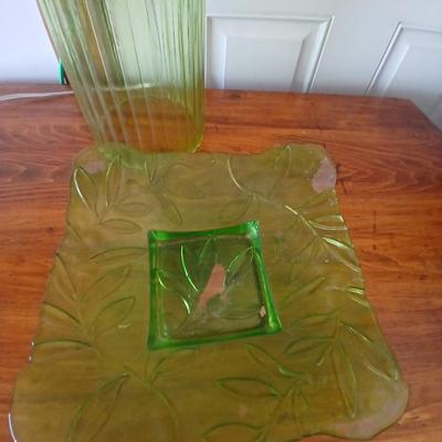 Green Glass Table Lamp & Vintage Glass Plate