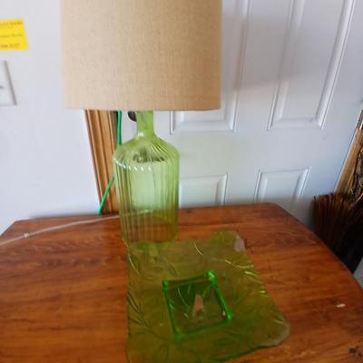 Green Glass Table Lamp & Vintage Glass Plate