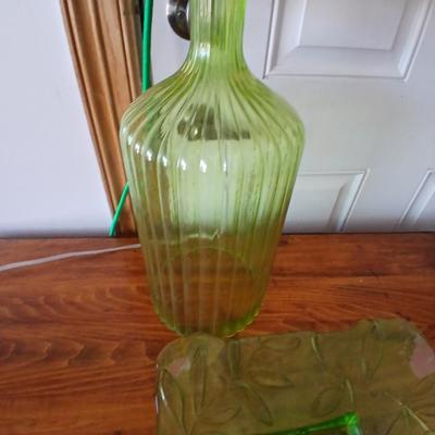 Green Glass Table Lamp & Vintage Glass Plate
